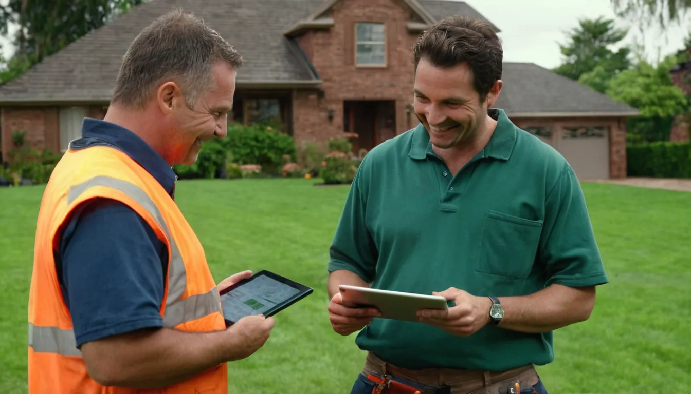 A provider and a homeowner reviewing a sewer camera inspection on a tablet near an open cleanout in a Roswell yard